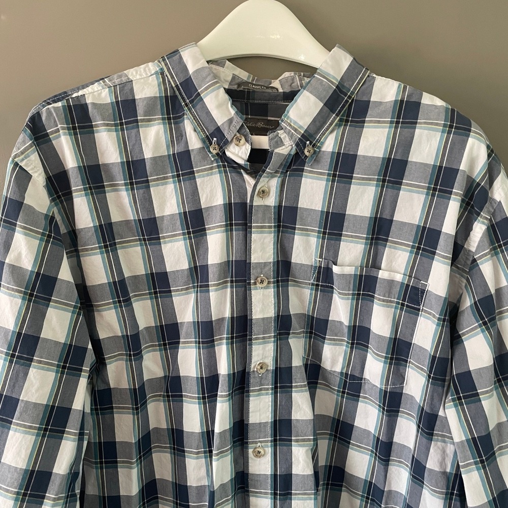 Eddie Bauer Mens TXL Classic Fit Plaid Button Down Shirt Blue White 100% Cotton